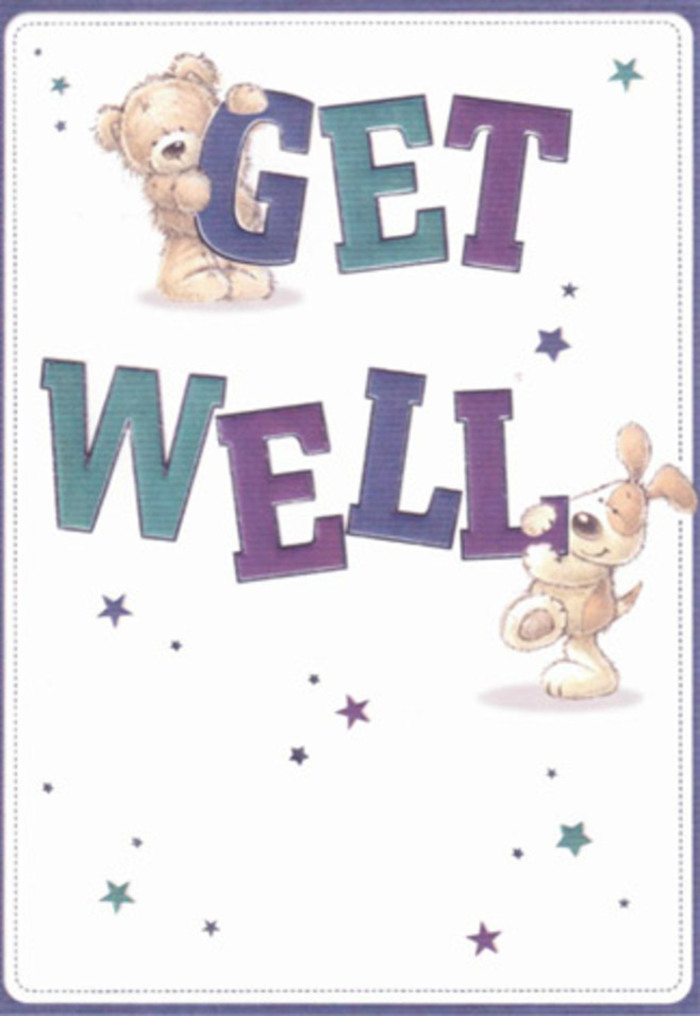 Bathed in soft light reminiscent of a Marlow dawn, this get well card combines playful artistry with comforting intent. At centre stage, a plush bear and cheerful puppy engage in spirited giving, each supporting the playful 'Get Well' message rendered in bold, confident font. The text's purples and aquas bring to mind shades found along the Thames, grounding the card in a palette both uplifting and serene. Surrounding them, animated stars glance and twinkle in layered blues and lavenders, their energy as bright as springtime strolls by Gossmore Park. Rich textures abound: the bear's fur is drawn with such lifelike fluffiness that you can almost sense its warmth, while the puppy's floppy ears and round nose evoke memories of comforting plush toys cherished in Marlow's family homes. Every brushstroke feels intentional, arranged as thoughtfully as a bespoke bouquet meant to console and delight. The composition radiates innocence and honest affection, making it an ideal pairing with a hand-delivered arrangement from Marlow's trusted florists. This card embodies the spirit of gentle encouragement, a visual embrace meant to lift someone's heart-inviting joy, serenity, and hope into any local recovery journey.